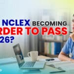 Featured image for Is the NCLEX Becoming Harder to Pass in 2026?, showing a nurse in blue scrubs studying at a desk with a laptop and notes beside bold text about NCLEX difficulty in 2026