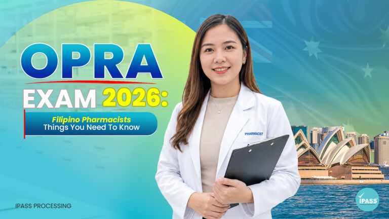 OPRA Exam 2026 blog cover for Filipino pharmacists, featuring a pharmacist holding a clipboard with Sydney Opera House and Australian flag elements in the background.
