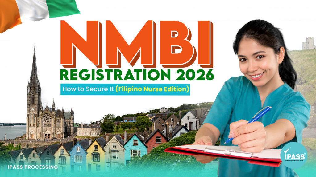 NMBI Registration 2026 blog cover for Filipino nurses, featuring a nurse writing on a clipboard with Ireland landmarks and the Irish flag.