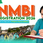 NMBI Registration 2026 blog cover for Filipino nurses, featuring a nurse writing on a clipboard with Ireland landmarks and the Irish flag.
