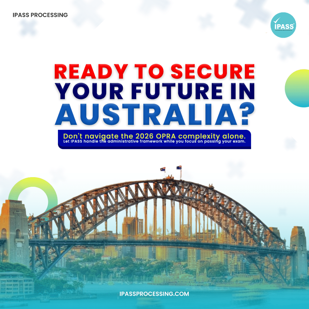 IPASS Processing graphic asking “Ready to secure your future in Australia?” with Sydney Harbour Bridge background and support message.