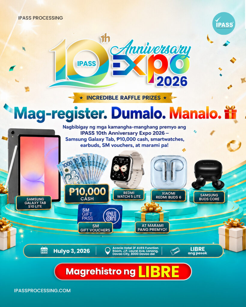 Filipino IPASS 10th Anniversary Expo 2026 raffle prizes graphic inviting attendees to register, attend, and win prizes such as a Samsung Galaxy Tab, cash, smartwatch, earbuds, SM vouchers, and more.
