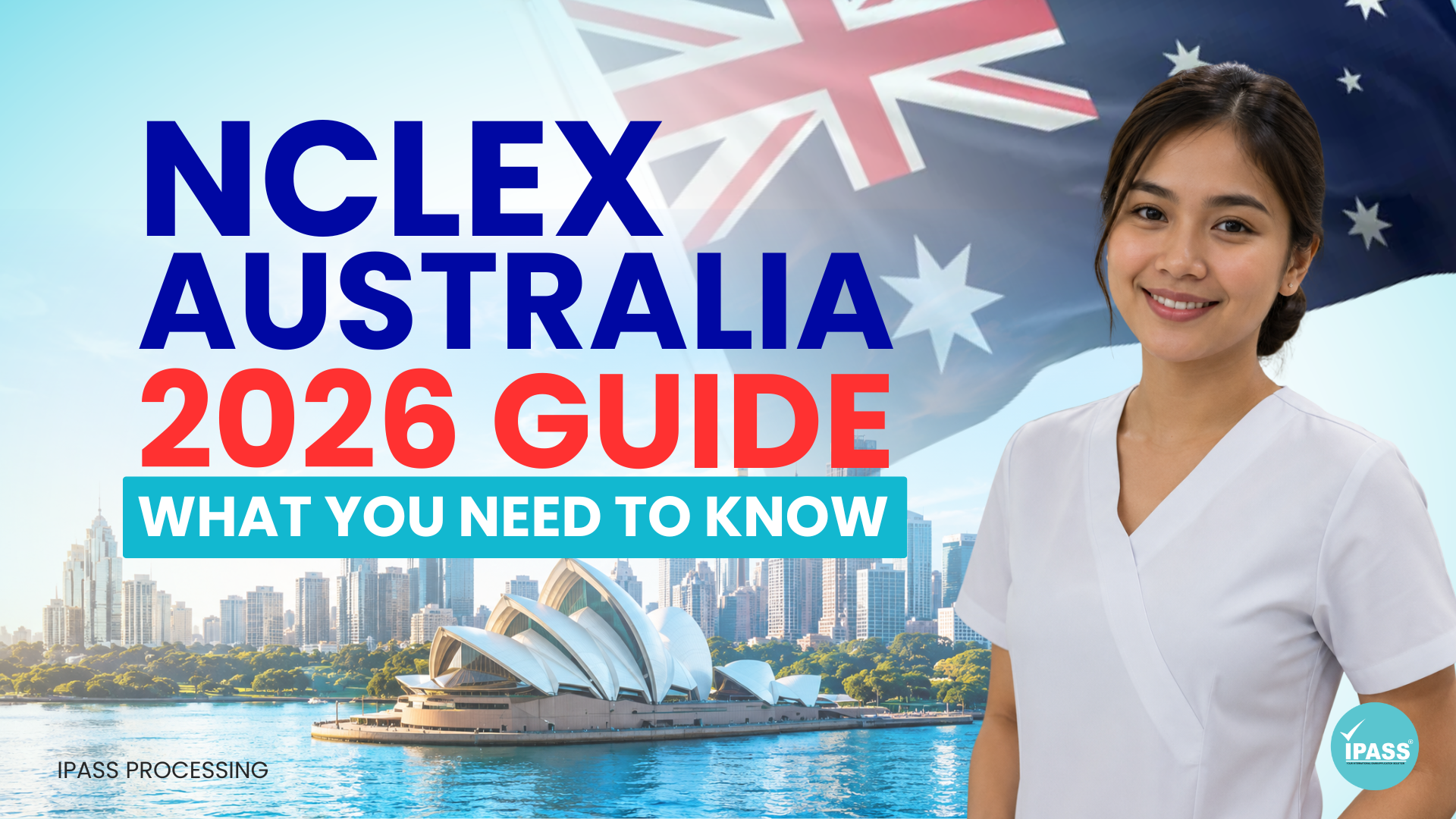 NCLEX Australia 2026 guide blog cover featuring a nurse, Australian flag, Sydney Opera House, and the headline “What You Need to Know.”