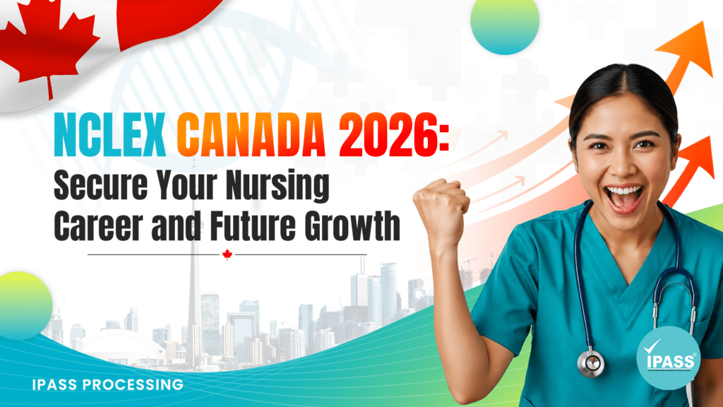 NCLEX Canada 2026 blog cover featuring a nurse in teal scrubs celebrating, with the headline “Secure Your Nursing Career and Future Growth.”