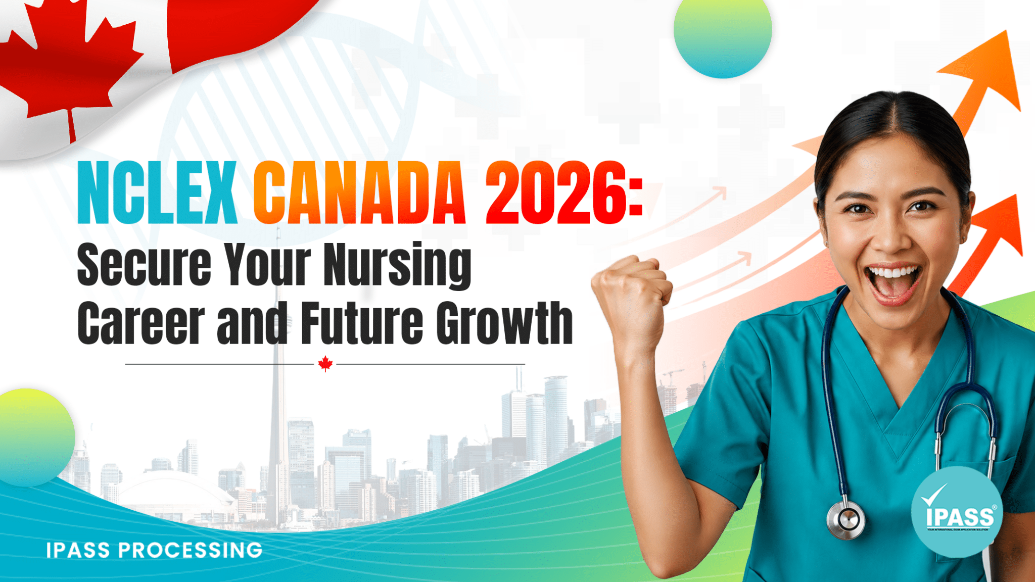 NCLEX Canada 2026 blog cover featuring a nurse in teal scrubs celebrating, with the headline “Secure Your Nursing Career and Future Growth.”